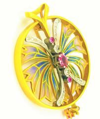 Modern Plique a Jour Enamel Pink Sapphire Tourmaline Diamond Dragonfly Pendant