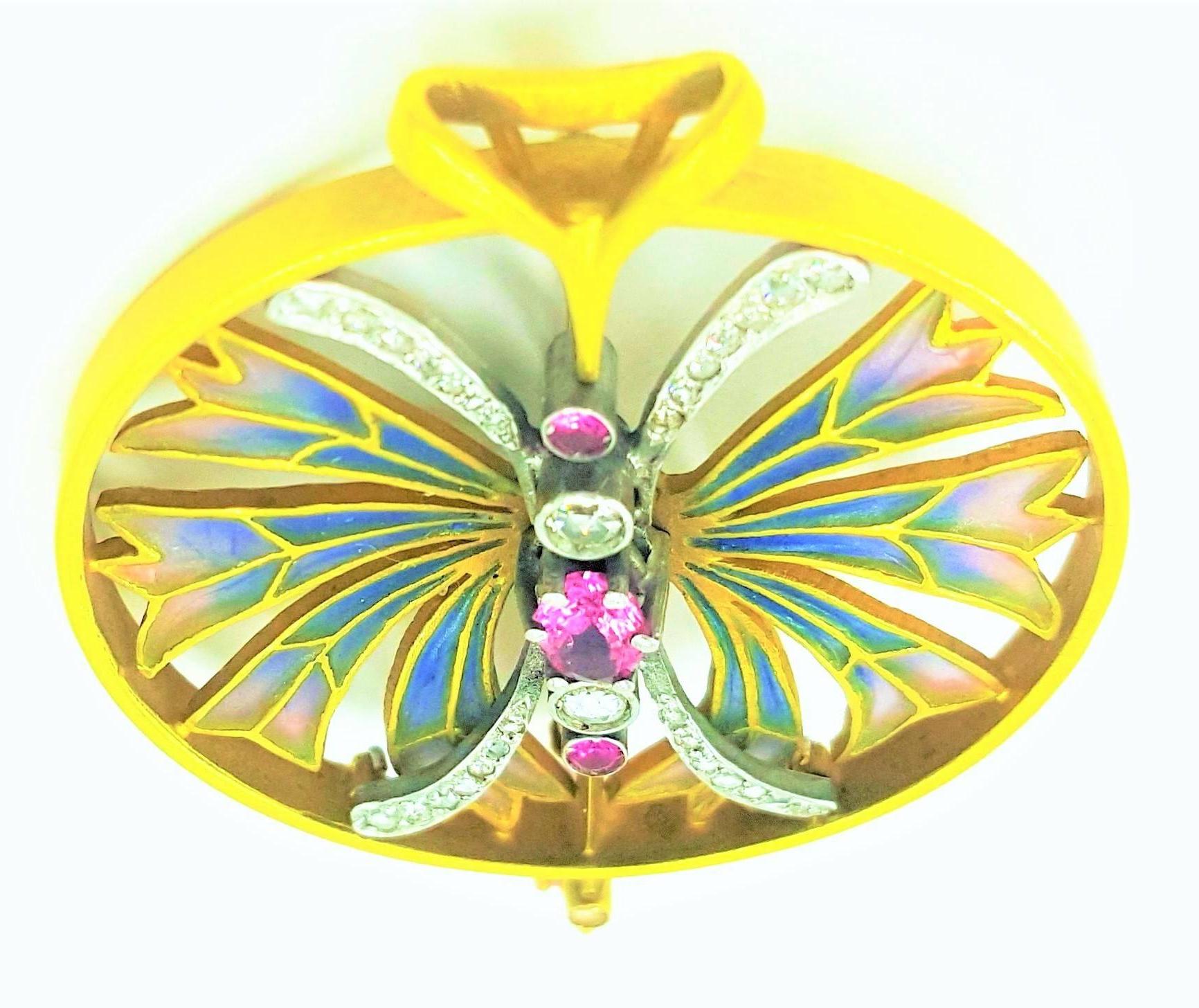 Modern Plique a Jour Enamel Pink Sapphire Tourmaline Diamond Dragonfly Pendant In New Condition For Sale In Scottsdale, AZ