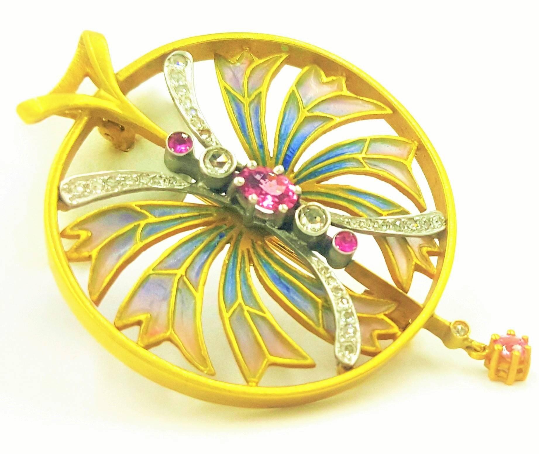 Contemporary Modern Plique a Jour Enamel Pink Sapphire Tourmaline Diamond Dragonfly Pendant For Sale