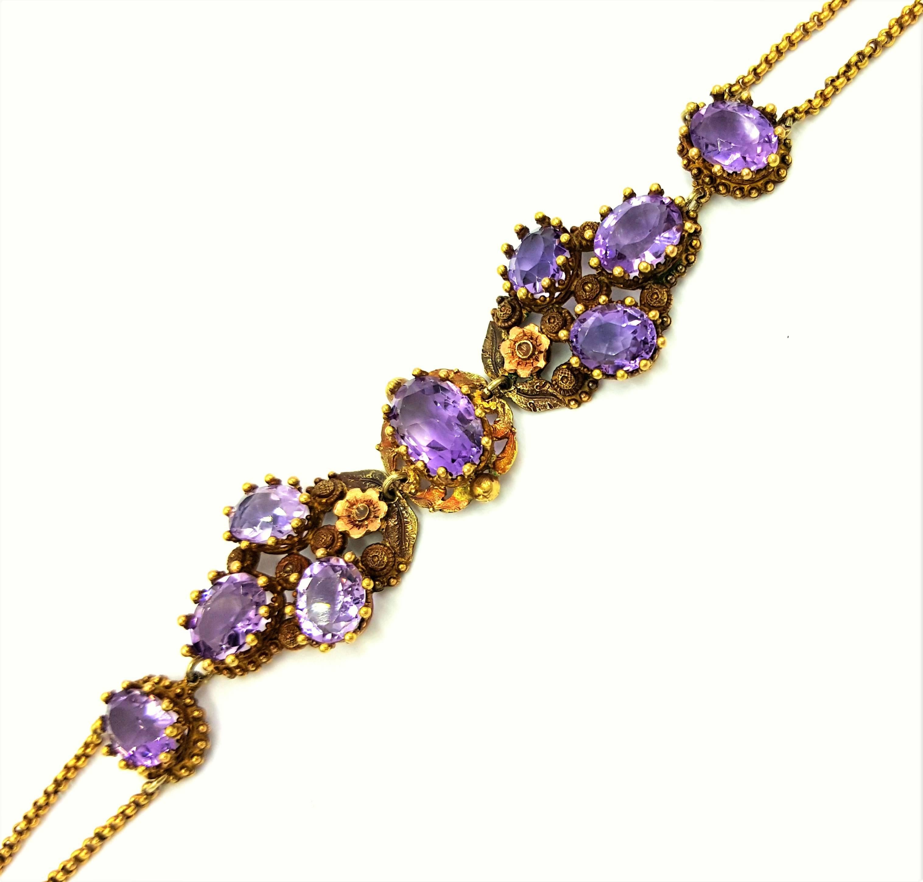 Women's Victorian 10 Carats Vivid Violet Purple Amethysts Gold Bracelet For Sale