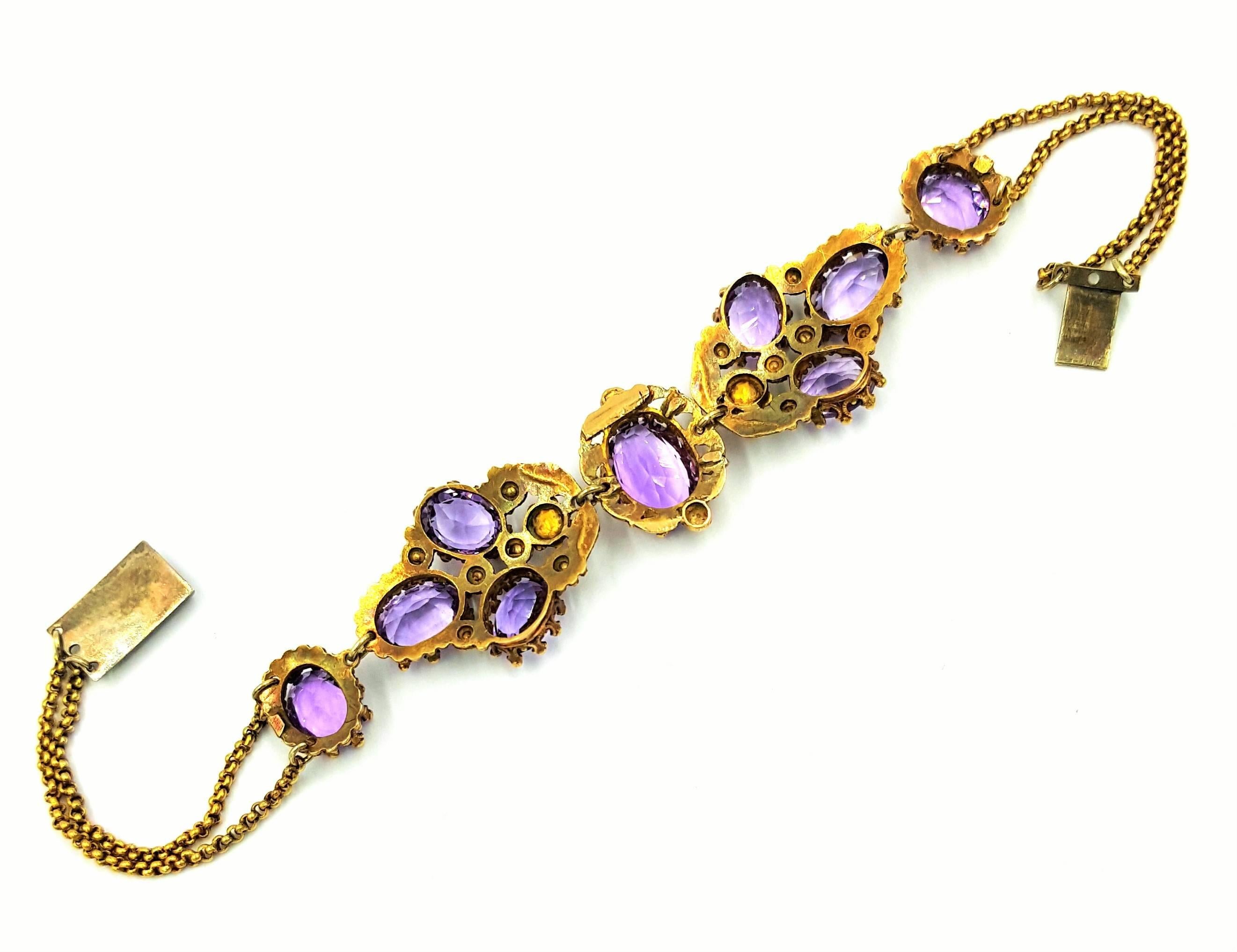 Victorian 10 Carats Vivid Violet Purple Amethysts Gold Bracelet For Sale 1