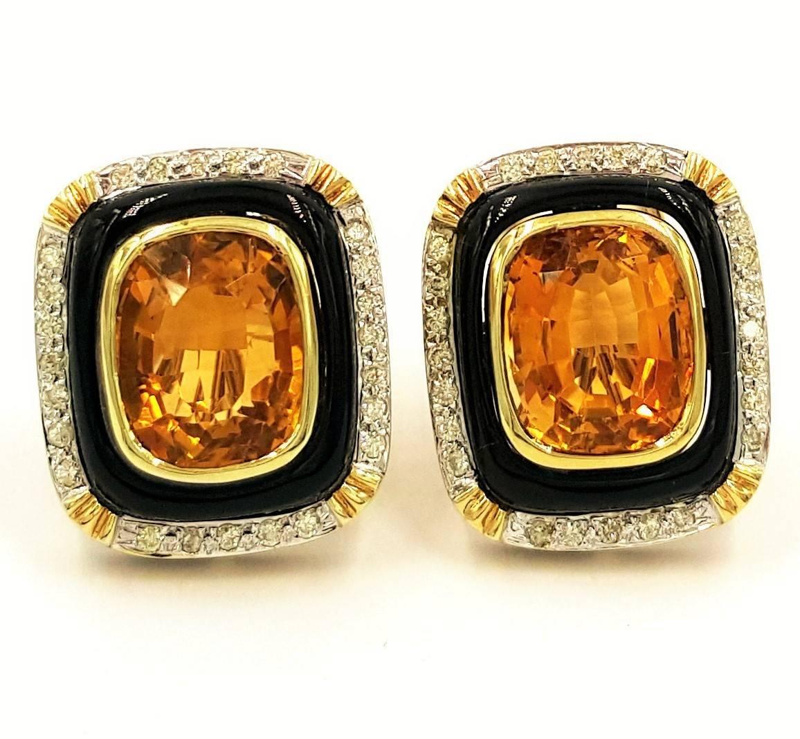 Contemporary Intense Vivid Orange Windowed Citrine Diamond Onyx Gold Clip Earrings