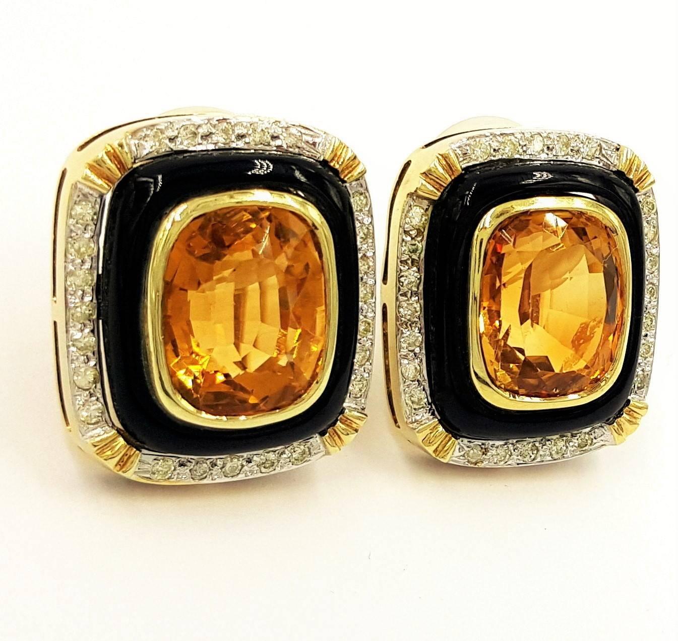 Women's Intense Vivid Orange Windowed Citrine Diamond Onyx Gold Clip Earrings