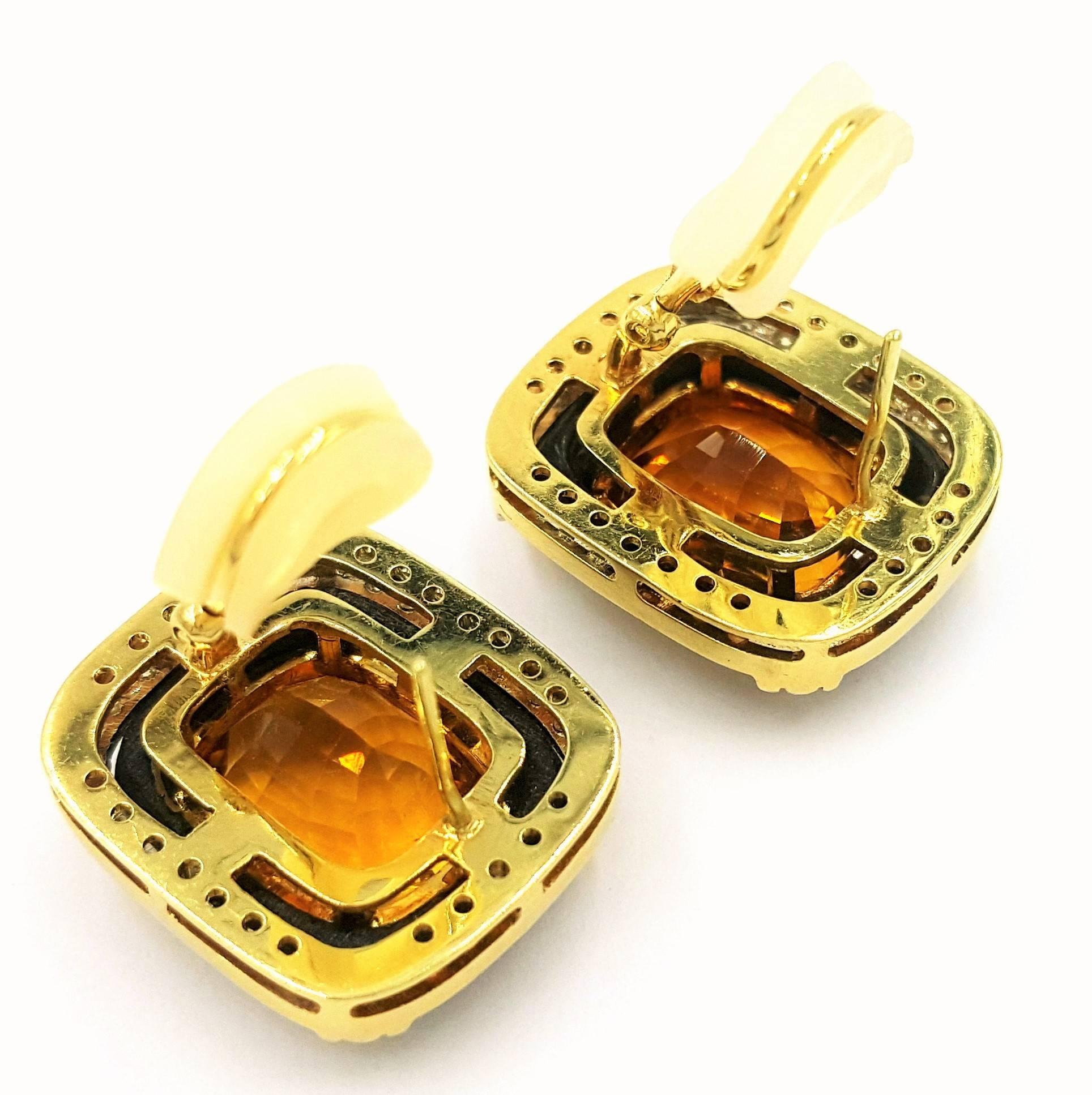 Intense Vivid Orange Windowed Citrine Diamond Onyx Gold Clip Earrings 1