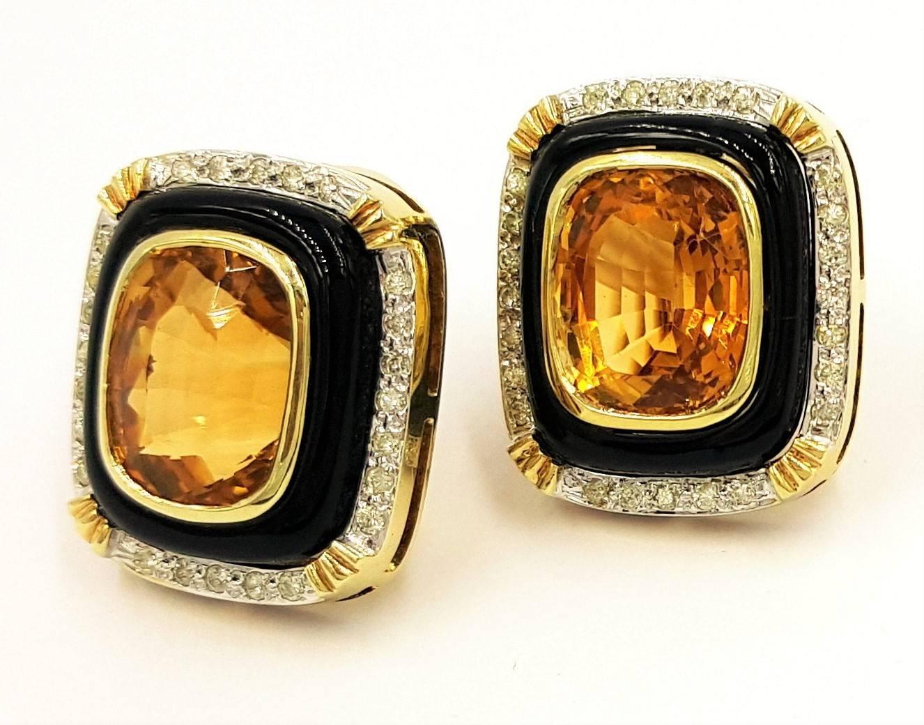 Intense Vivid Orange Windowed Citrine Diamond Onyx Gold Clip Earrings 2