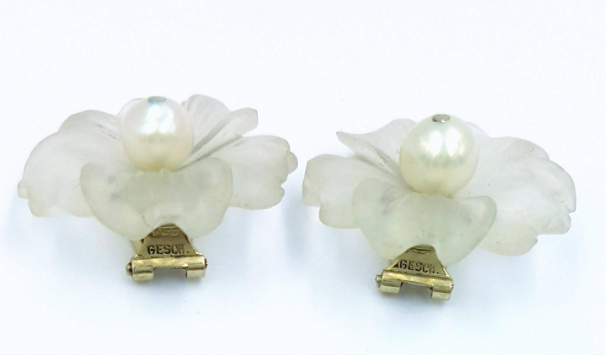 Women's Gesch Art Deco Austria Carved Rock Crystal Pearl Set in 14K White Gold Earrings
