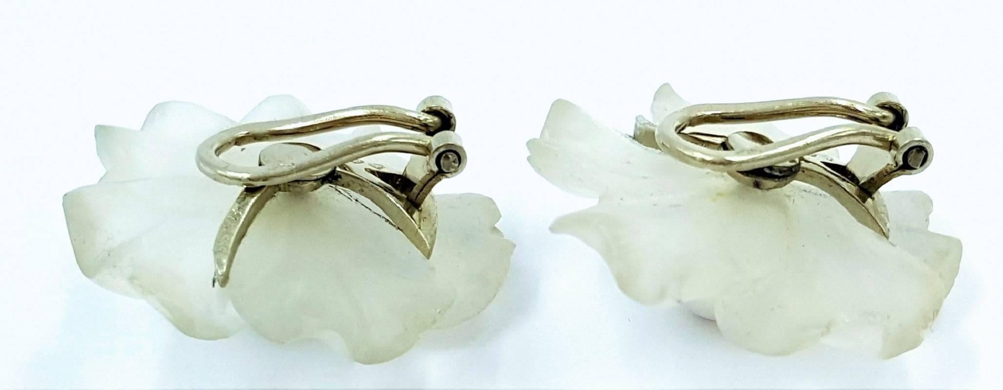 Gesch Art Deco Austria Carved Rock Crystal Pearl Set in 14K White Gold Earrings 2
