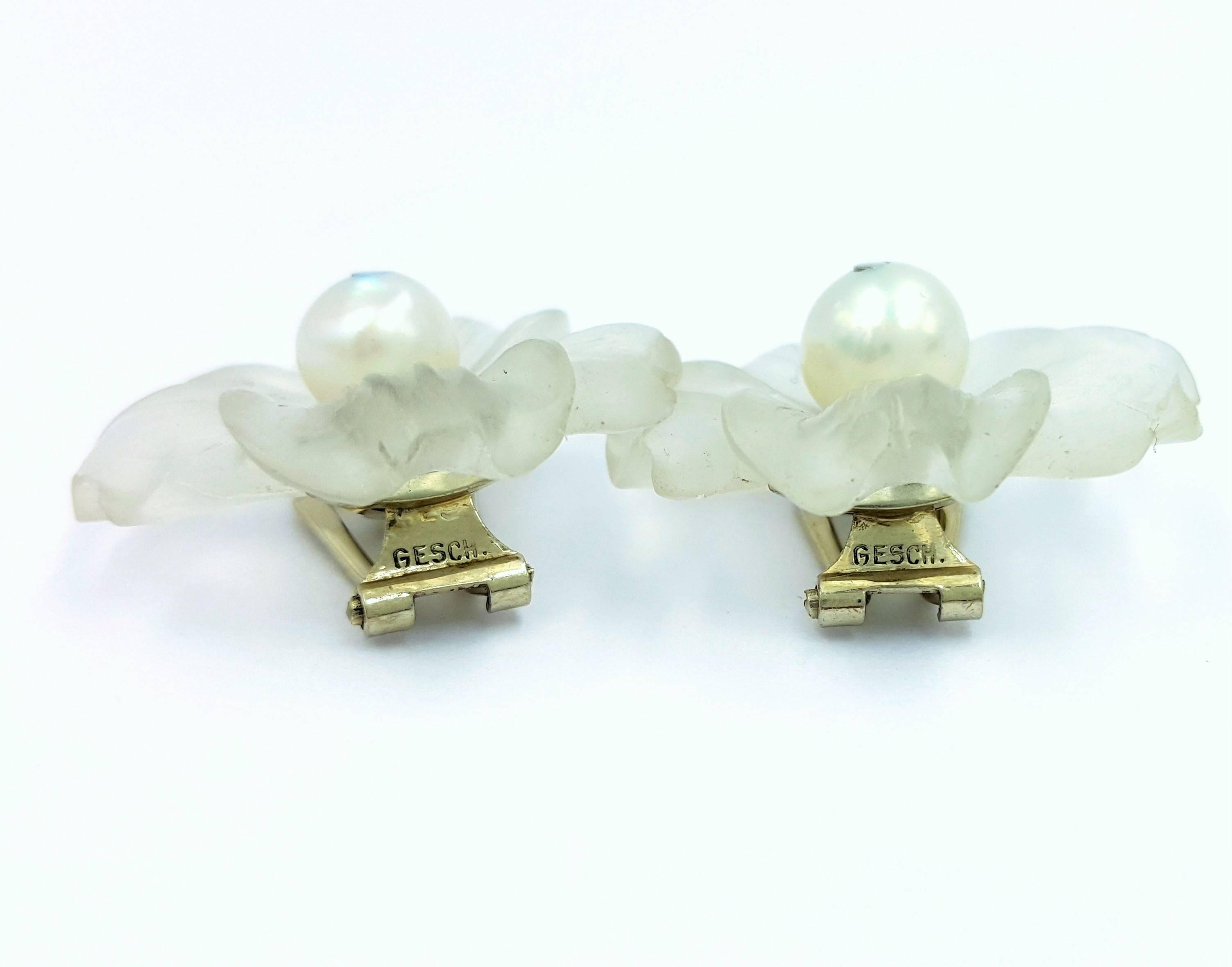 Gesch Art Deco Austria Carved Rock Crystal Pearl Set in 14K White Gold Earrings 3