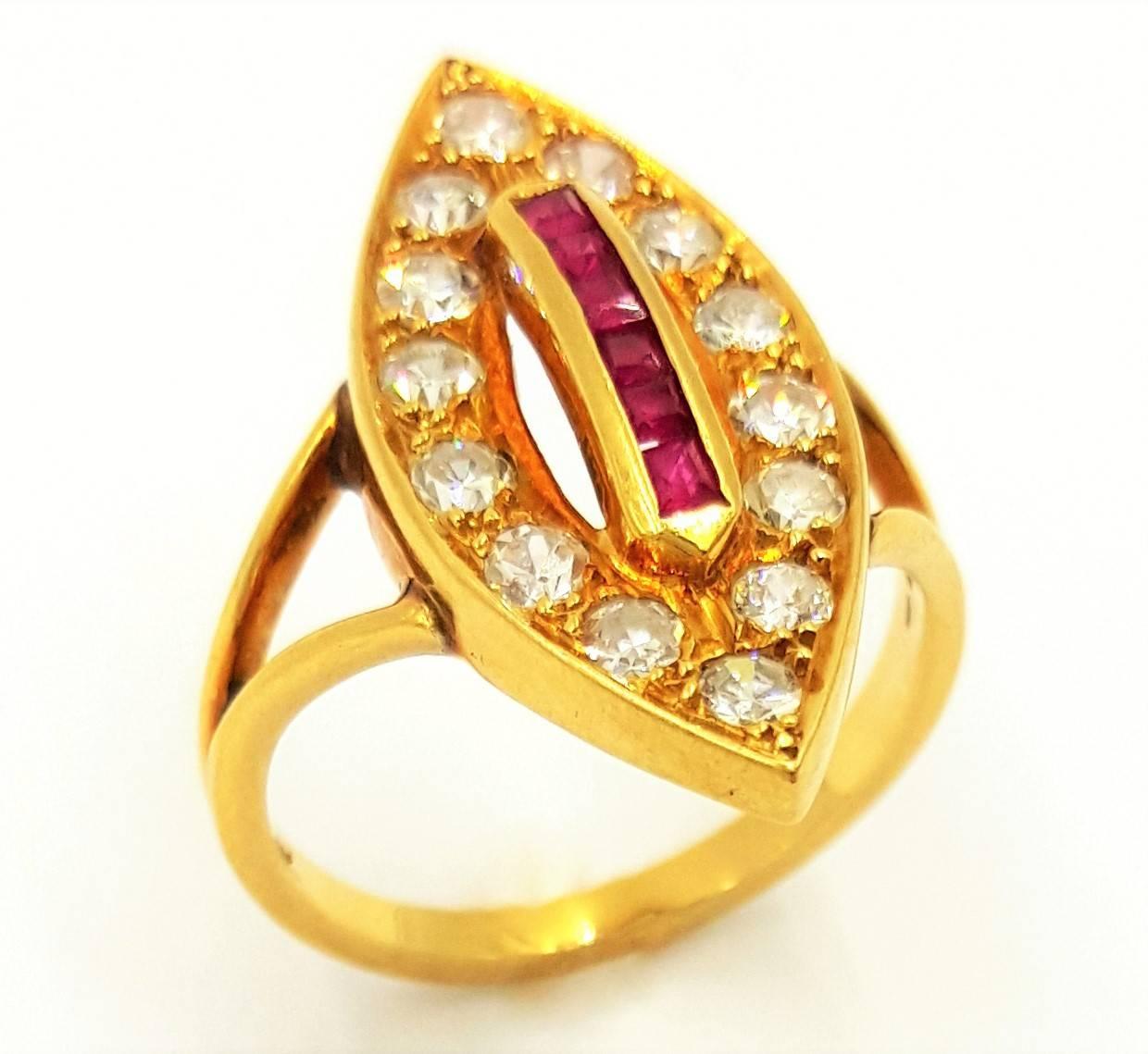 This Breathtaking Retro 18kt Gold With .50 Carat of Vivid Pinkish Red Calibrated Step Cut Rubies Surrounded by 1 Carat of VS clarity, and H Colorless White, Gorgeous Single Cut Diamond Ring is Spectacular! This ring is dated by the older cuts used
