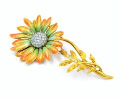 John Apel Regal Collection Enamel  Diamond Gold Sunflower Brooch