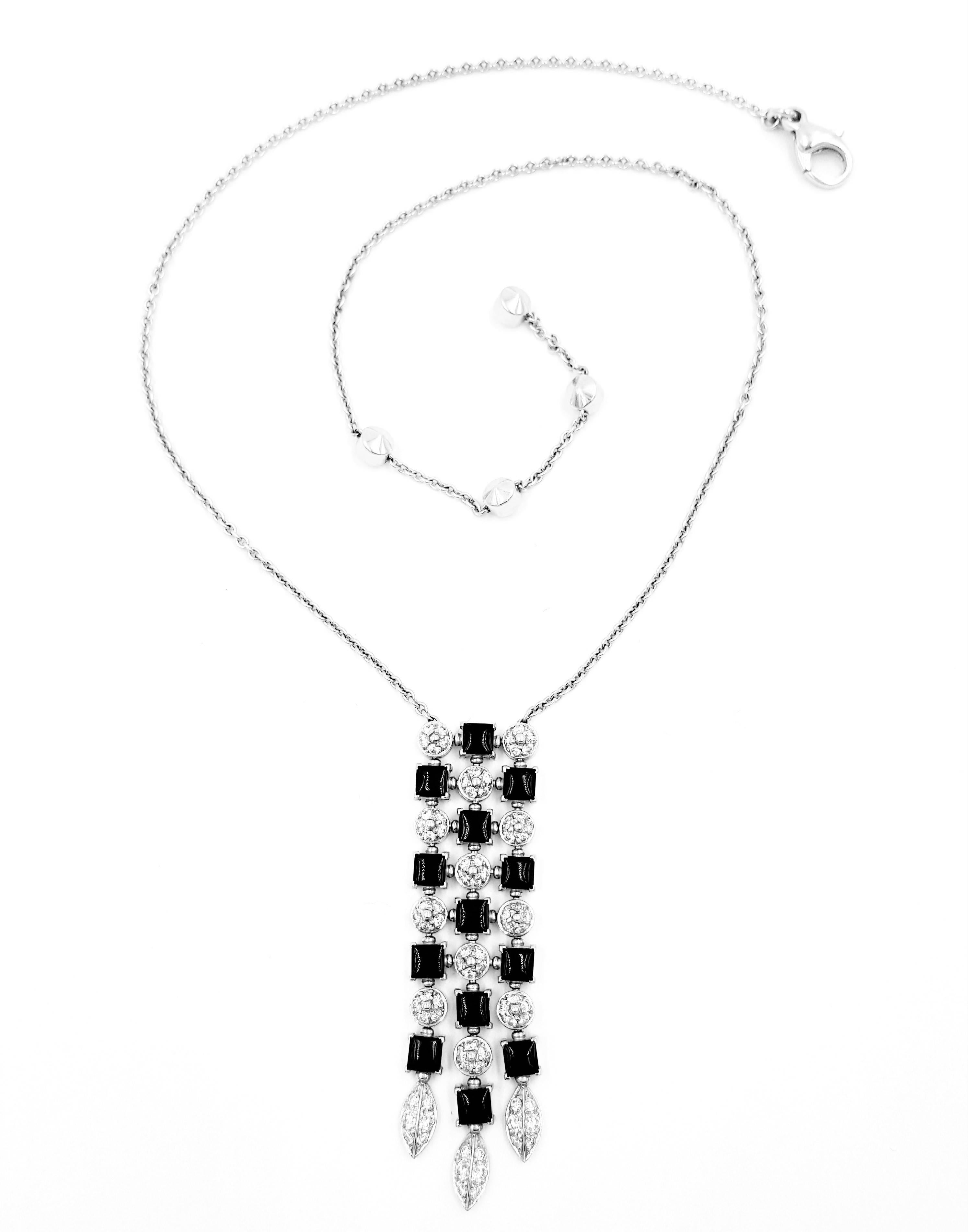 This stunning 18k White Gold, Diamond, and Onyx Pendant Necklace by Bulgari.  Featuring 85 round brilliant cut diamonds VS1 clarity, G white in color weighing a total 1.65 carats and 13 black onyx stones  This beautiful piece is 22 grams. The Chain