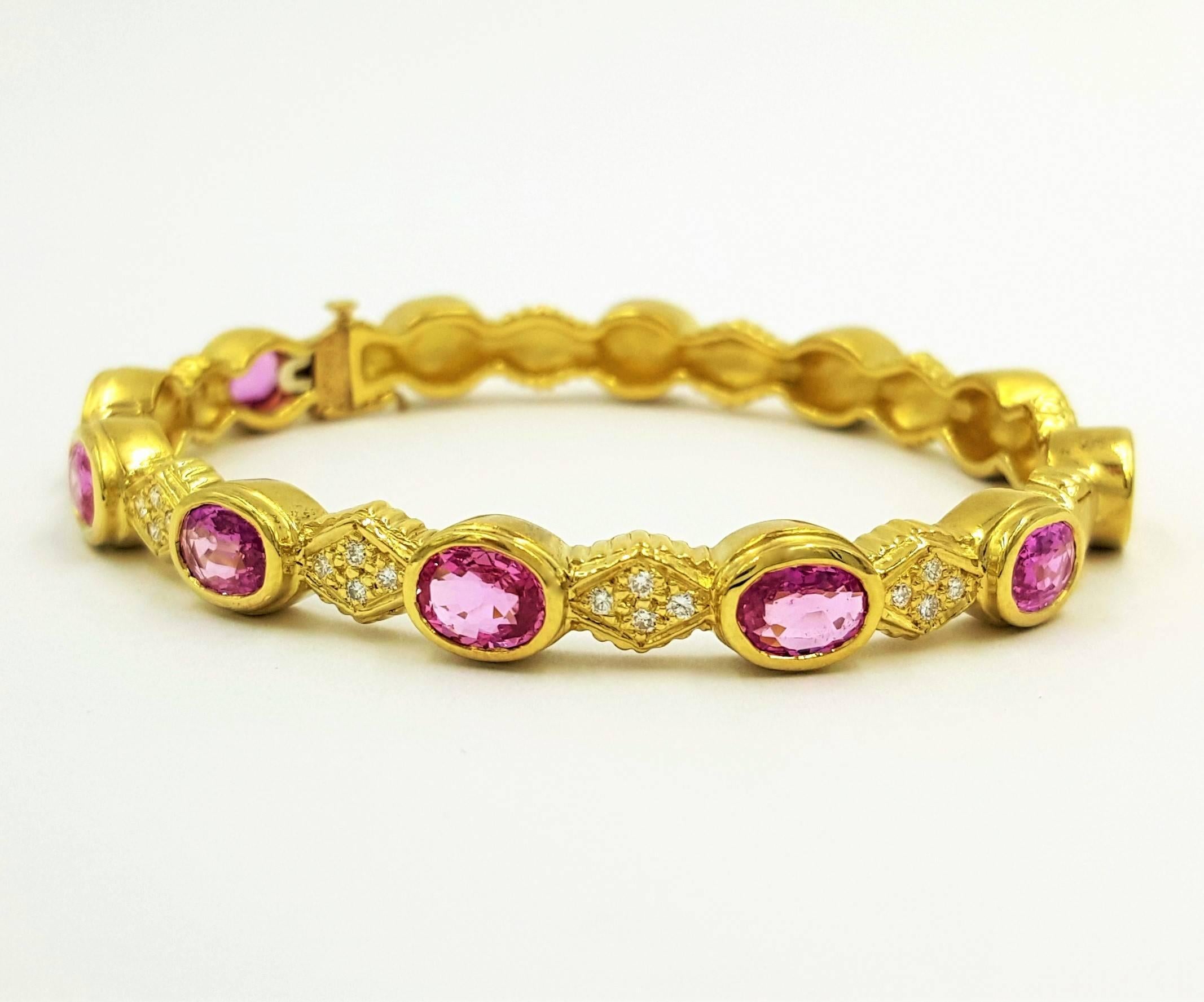 Contemporary Doris Panos 7 Carats Deep Pink Sapphires Diamonds Gold Bracelet For Sale