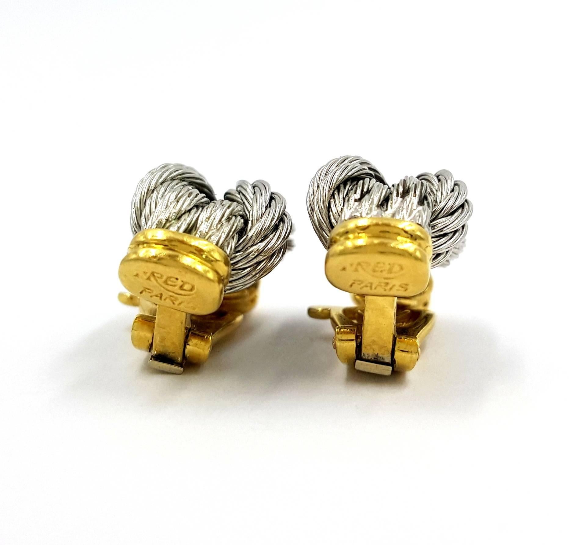 Contemporary Fred Paris French Two Color 18kt Gold Rope Style Clip on Earrings For Sale