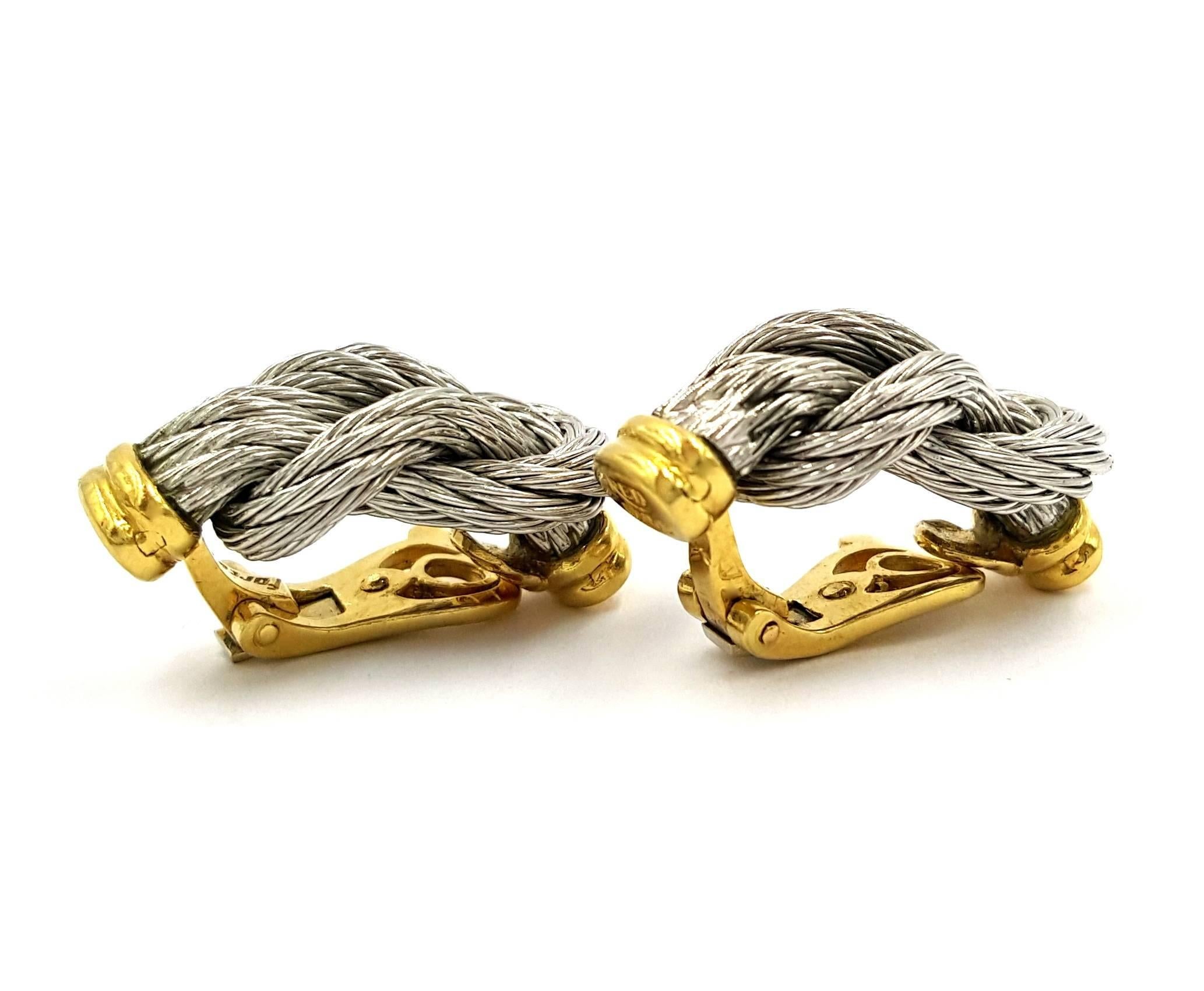 Fred Paris French Two Color 18kt Gold Rope Style Clip on Earrings In New Condition For Sale In Scottsdale, AZ
