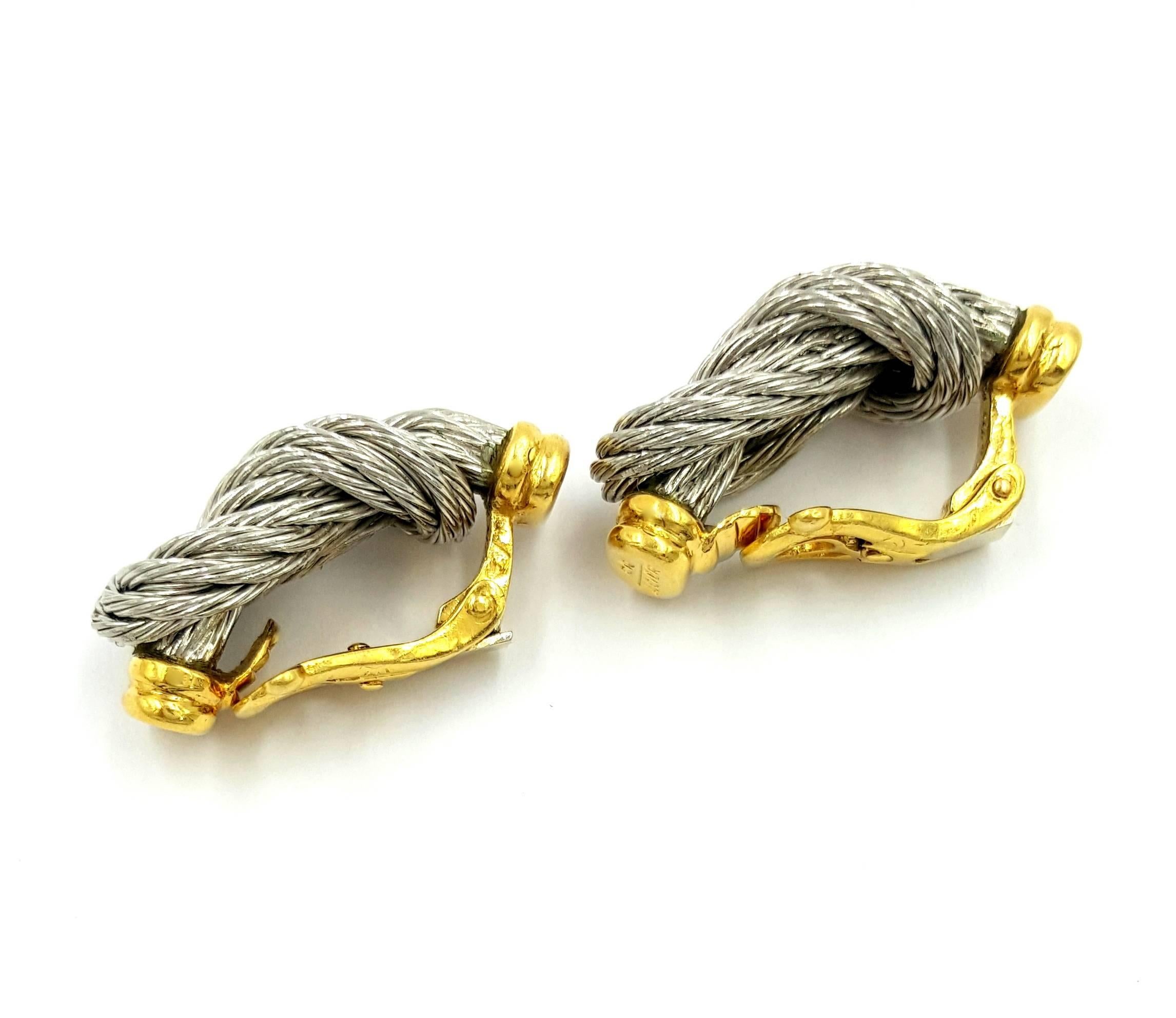 Fred Paris French Two Color 18kt Gold Rope Style Clip on Earrings For Sale 1