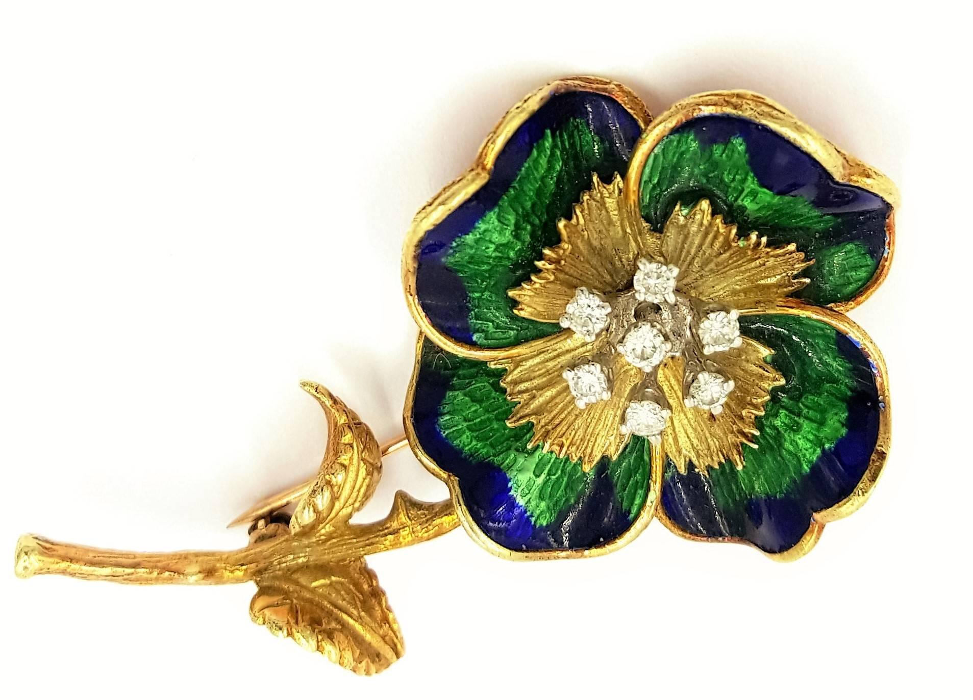 Contemporary Circa 1980's Perfect Royal Blue & Vivid Green Enamel Diamond Gold Flower Brooch For Sale