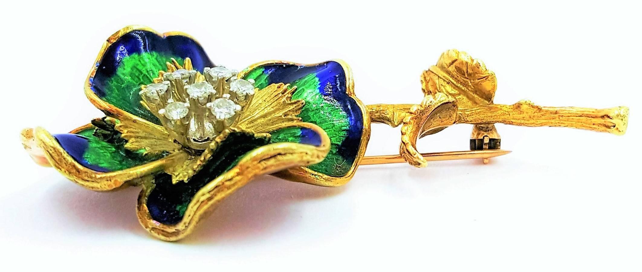 Circa 1980's Perfect Royal Blue & Vivid Green Enamel Diamond Gold Flower Brooch In Excellent Condition For Sale In Scottsdale, AZ