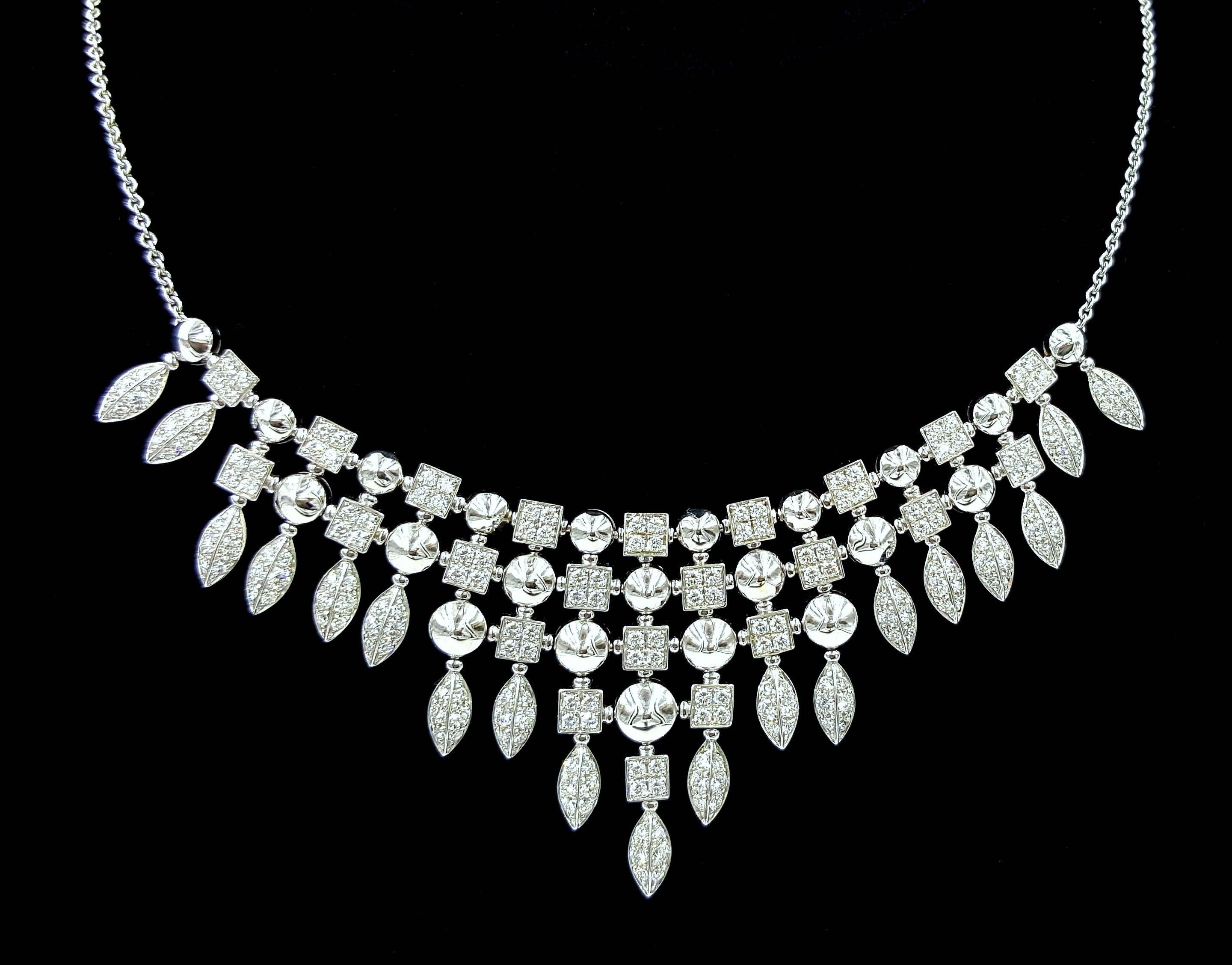 From the sophisticated Lucea Collection by Bulgari, we have recently acquired and brought to you exclusively through 1stDibs this breathtaking Lucea Evening Diamond Necklace Featuring 10.50 carats of diamonds VS1 in clarity, F-H white in color, and