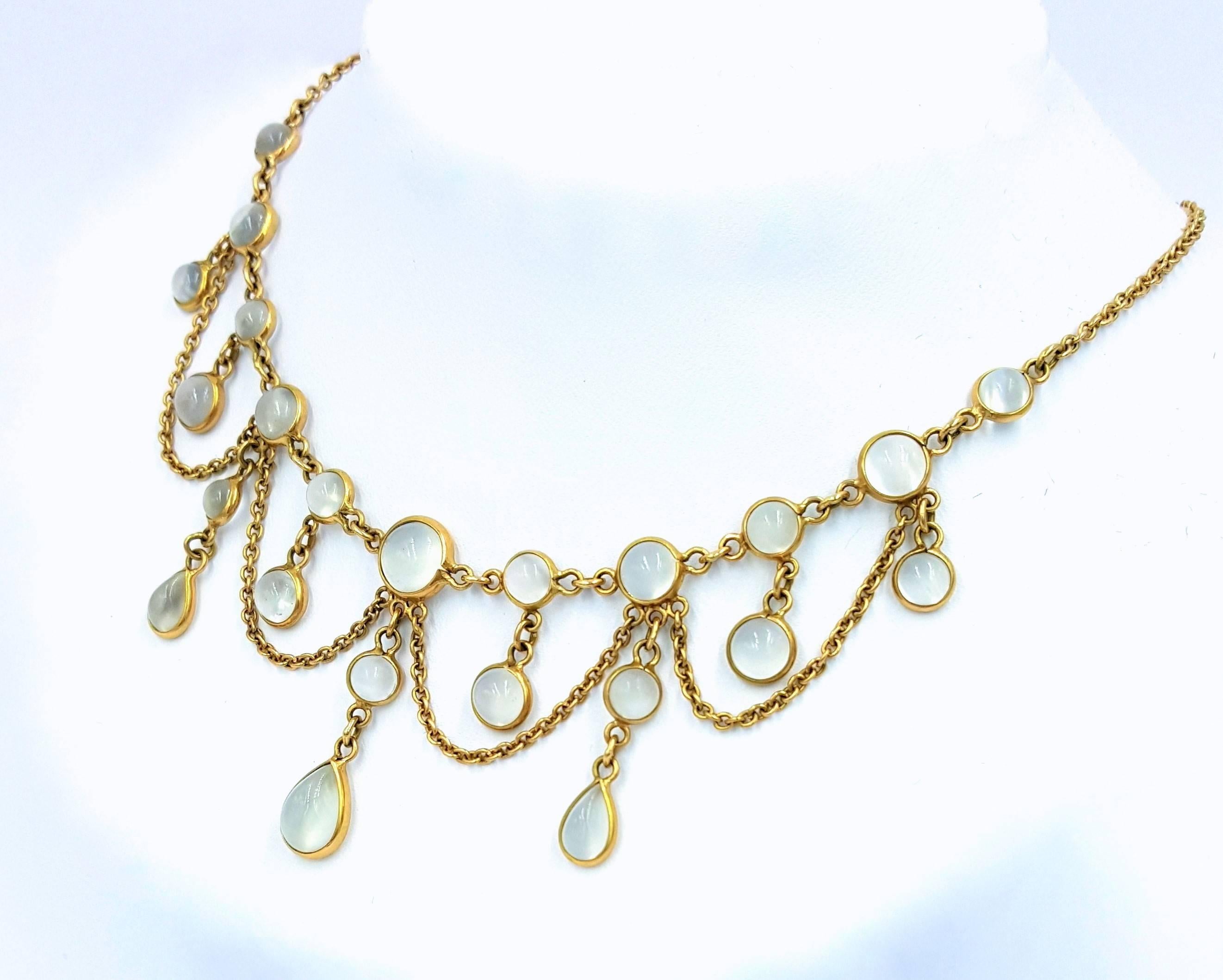 Victorian 20 Carats Gorgeous Moonstones Gold Festoon Necklace In Excellent Condition In Scottsdale, AZ