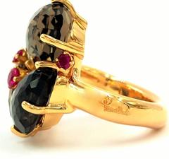 Designer Pomellato Stunning Bahia Smokey Quartz and Ruby Gold Ring
