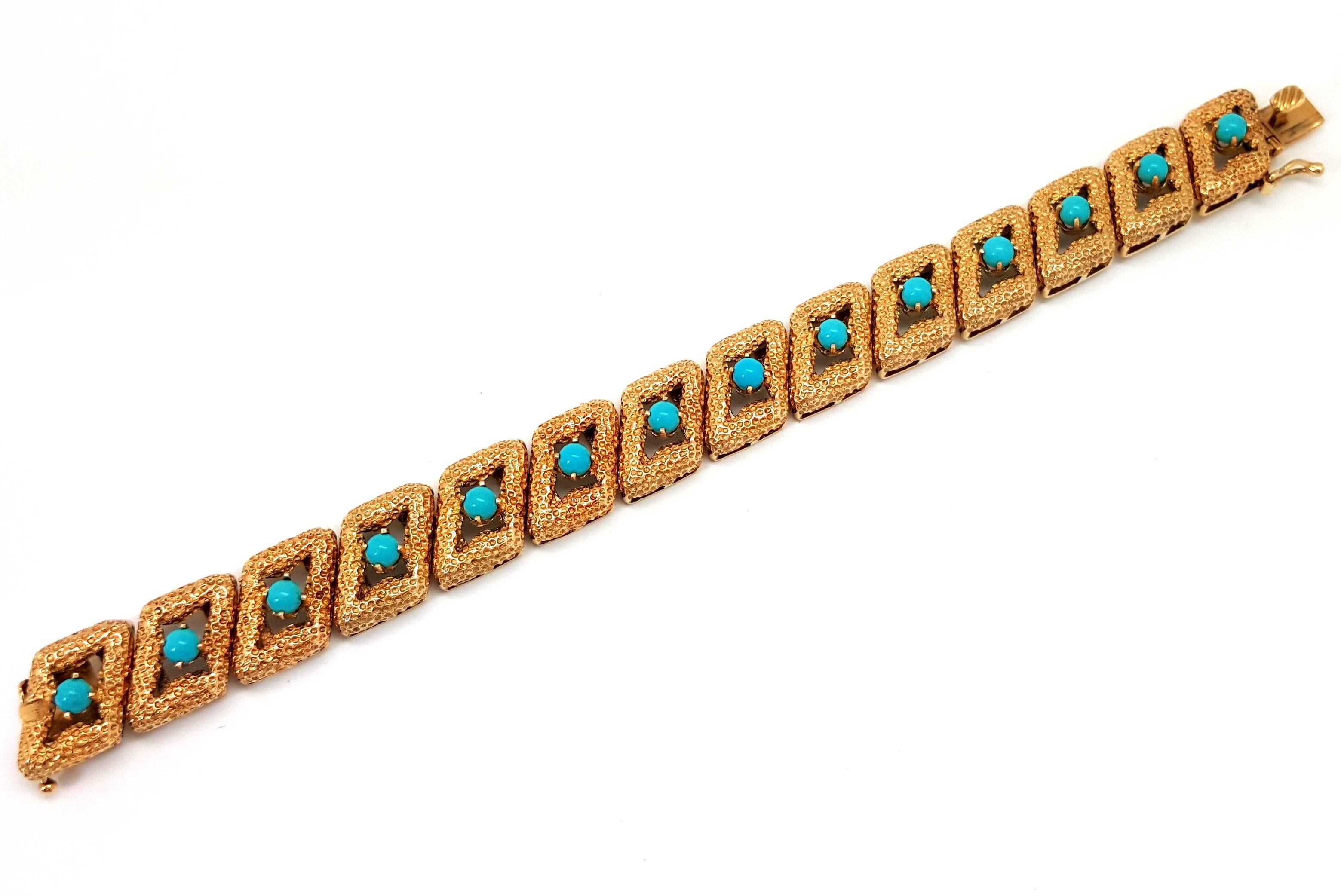 Women's Persian Turquoise Textured Gold Bracelet For Sale