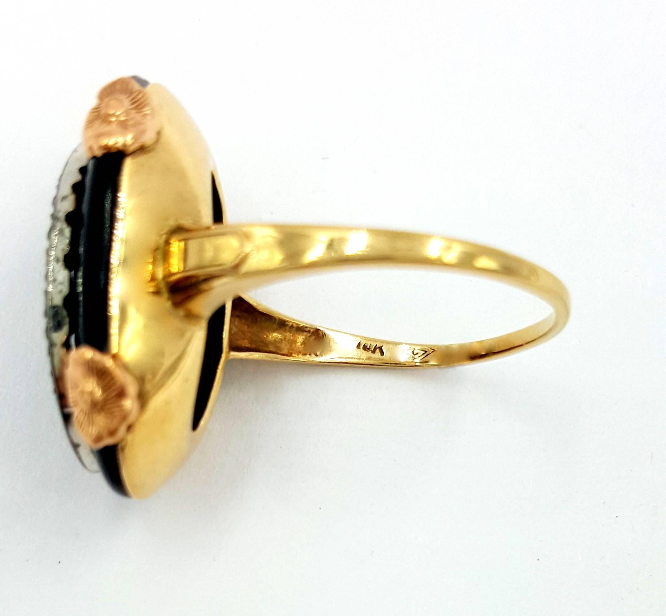 1950s Retro Onyx Diamond Gold Crescent Moon Ring 1