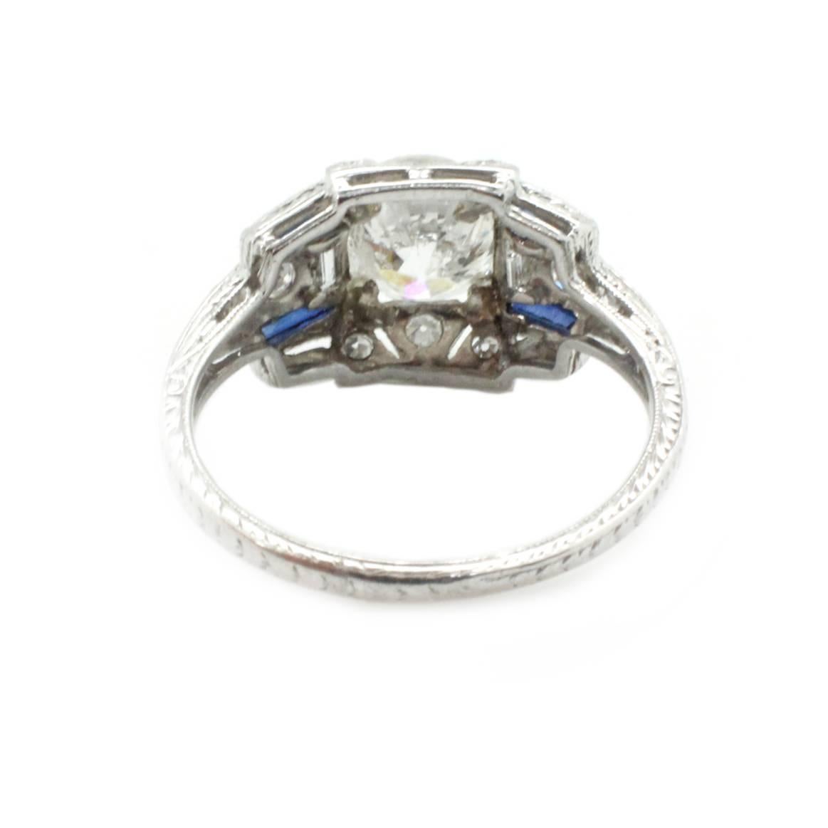1.66 Carat Round Brilliant Diamond Sapphire Platinum Antique Ring In Excellent Condition In Scottsdale, AZ