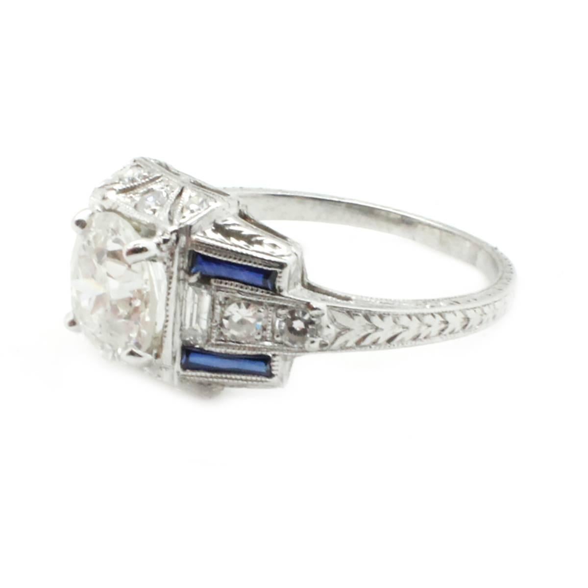 Art Deco 1.66 Carat Round Brilliant Diamond Sapphire Platinum Antique Ring