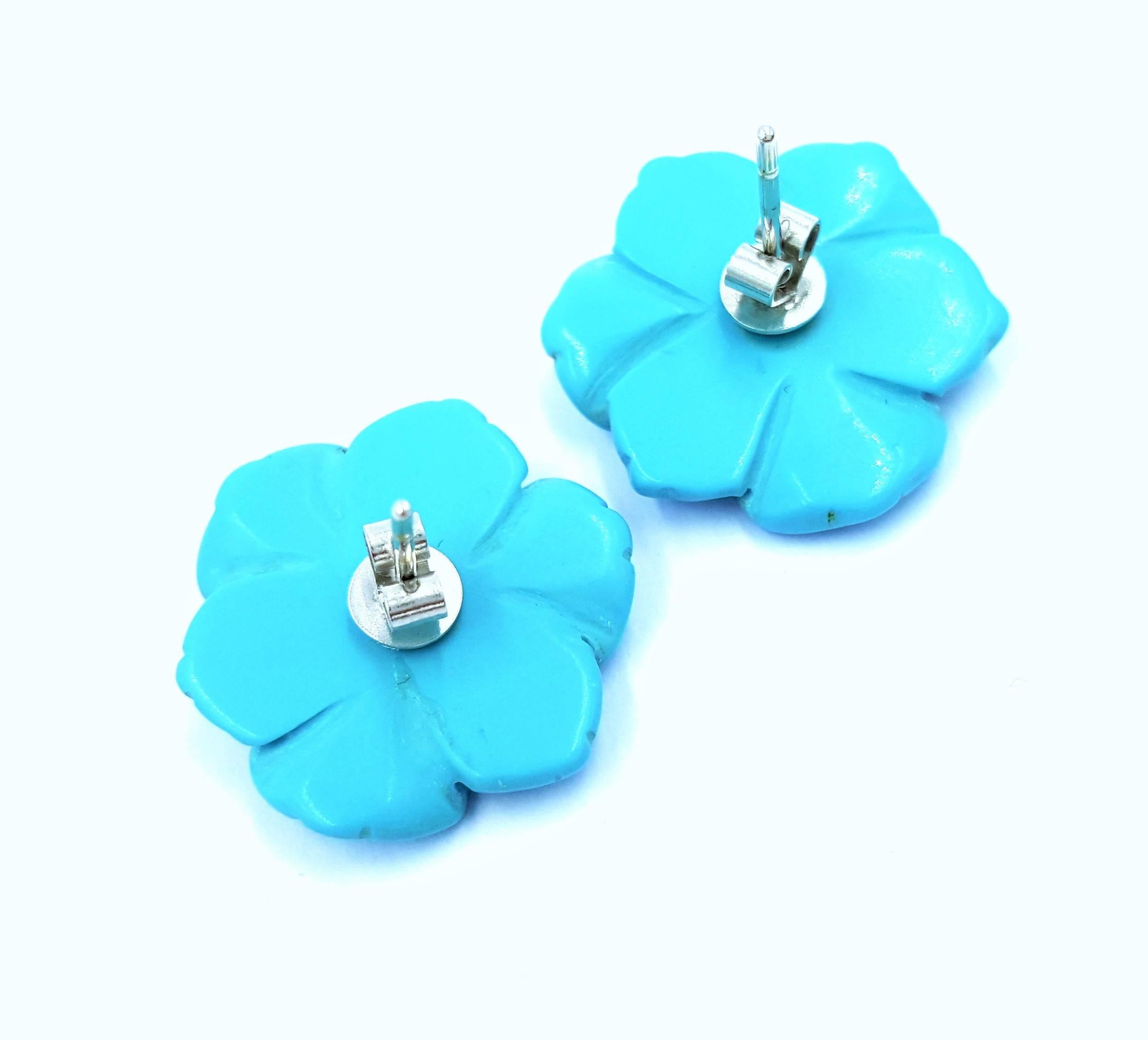 Women's Adorable Hand Carved Persian Turquoise & Diamond Gold Flower Motif Stud Earrings