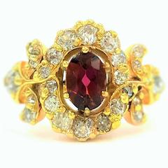 Vivid Purplish Red .75 Carat Tourmaline Diamonds Gold Ring