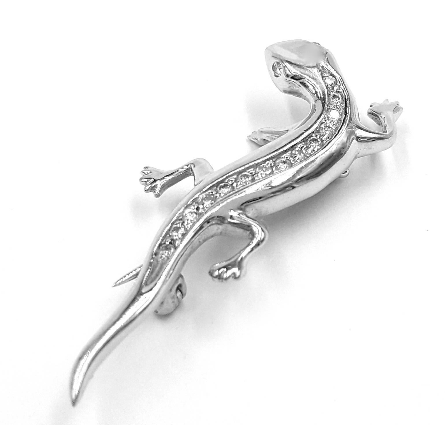 Contemporary Cute! 14kt White Gold Hand Made Gecko with .50 Carats of Diamonds Brooch or Pin For Sale