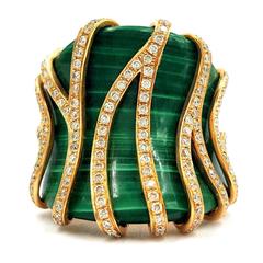 Aristocrat Custom .86ctw Pave Diamonds & Natural Carved African Malachite Ring