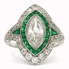 Art Deco 1 Carat of Emeralds and 2.88 Carats of Diamonds Set in Platinum Ring