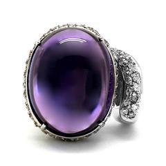 14k White Gold 15.45ct Amethyst Cabochon Ring with Diamond