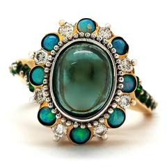 14 karat Yellow Gold Green Tourmaline, Opal & Diamond Cocktail Ring