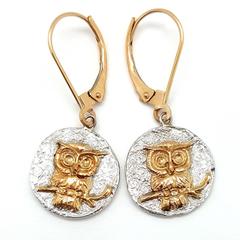 Two Tone 14k Owl Dragonfly Drop Earrings