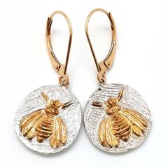 Two Tone 14k Gold Bee Disc Drop Earrings