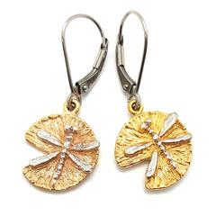 Two Tone 14k Gold Dragonfly Drop Earrings
