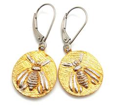 Two Tone 14k Gold Big Bee Disc Drop Earrings