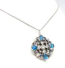 14k White Gold Blue Zircon & Diamond Filigree Pendant Necklace