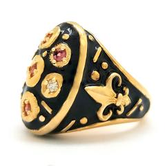 14k Yellow Gold, Pink Sapphire, Diamond and Black Enamel Ring