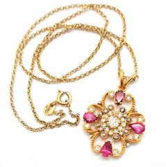 14k Yellow Gold Filigree Pendant Necklace with Diamonds & Pink Tourmaline