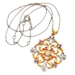 Two Tone 14k Gold Diamond & Ruby Filigree Fleur de Lis Pendant Necklace