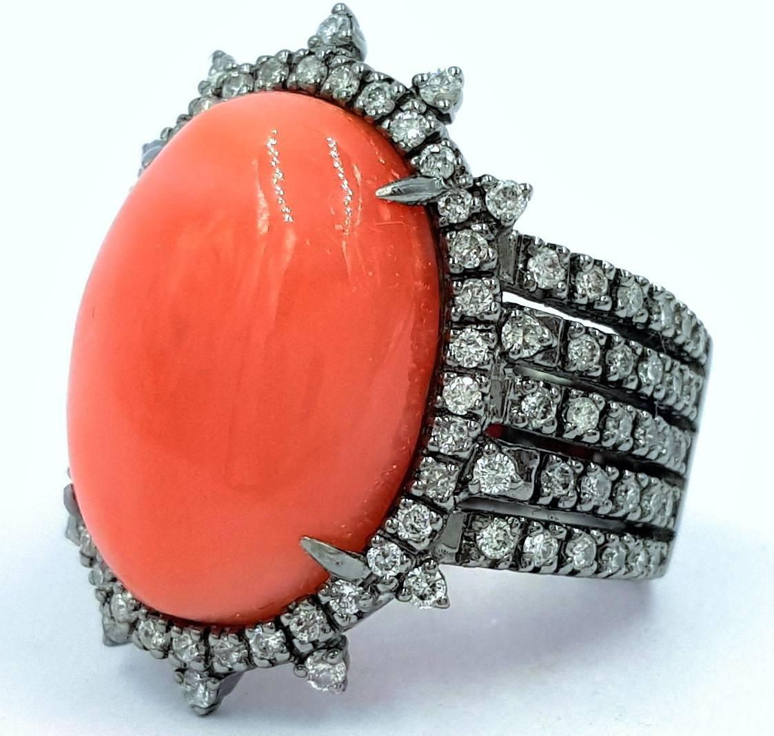 Contemporary Black Rhodium on 18kt Gold Featuring 10.75 Ctw Angel Coral 3.30ctws Diamond Ring For Sale
