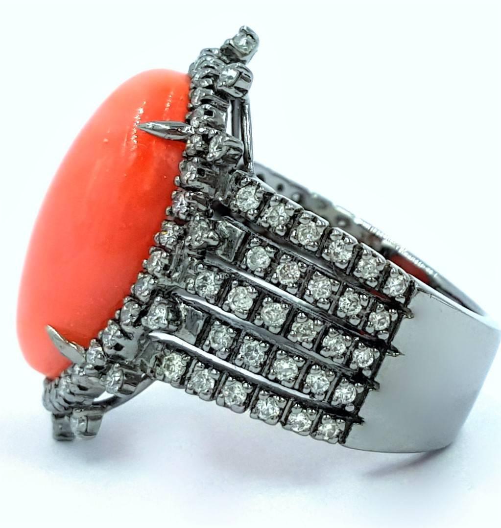 Black Rhodium on 18kt Gold Featuring 10.75 Ctw Angel Coral 3.30ctws Diamond Ring In Excellent Condition For Sale In Scottsdale, AZ