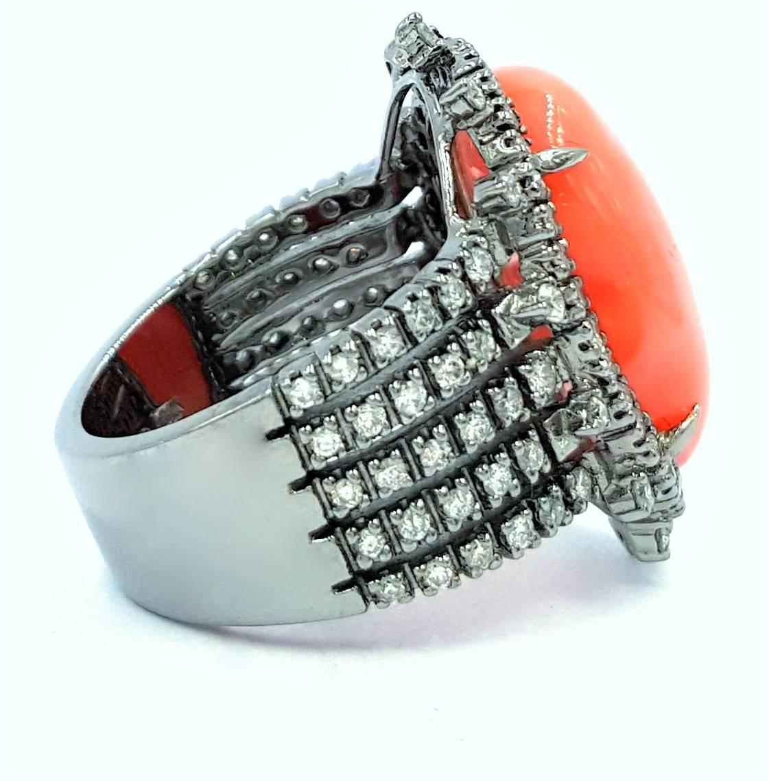 Women's Black Rhodium on 18kt Gold Featuring 10.75 Ctw Angel Coral 3.30ctws Diamond Ring For Sale