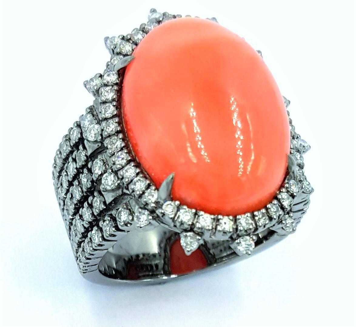 Black Rhodium on 18kt Gold Featuring 10.75 Ctw Angel Coral 3.30ctws Diamond Ring For Sale 3
