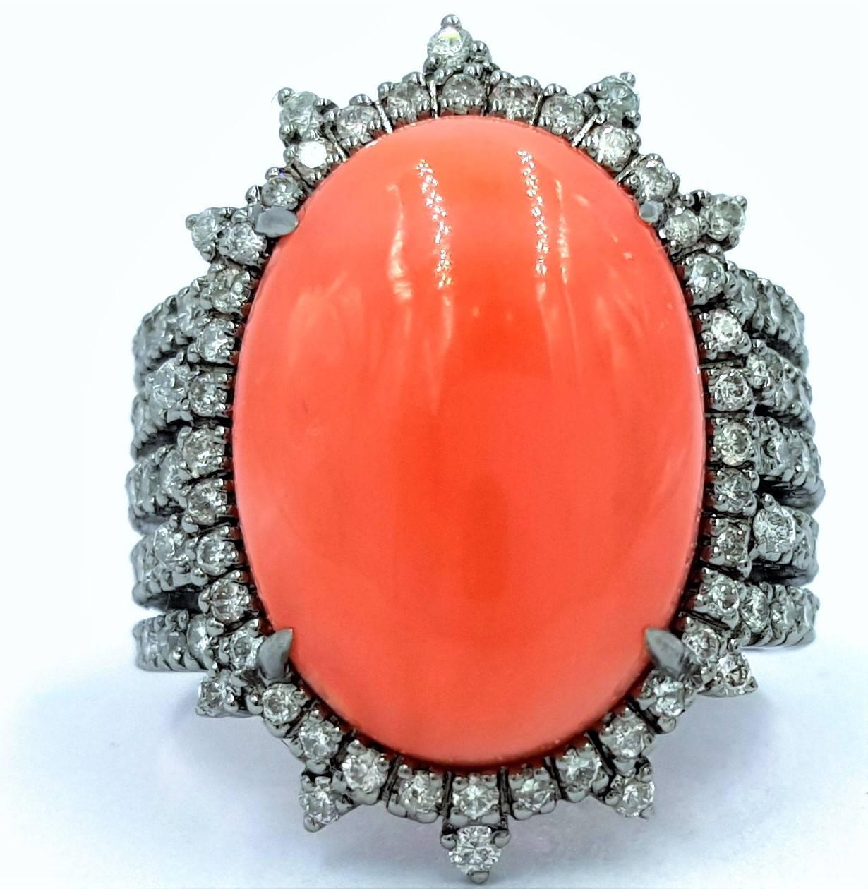 Black Rhodium on 18kt Gold Featuring 10.75 Ctw Angel Coral 3.30ctws Diamond Ring For Sale 4