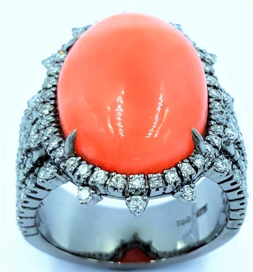 Black Rhodium on 18kt Gold Featuring 10.75 Ctw Angel Coral 3.30ctws Diamond Ring For Sale 5