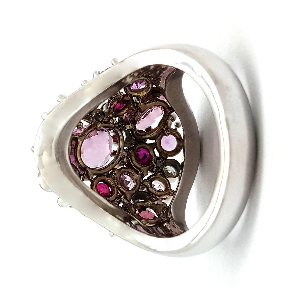 Marvelous 14k White Gold, Pink Sapphire & Diamond Confetti Cocktail Ring For Sale 1